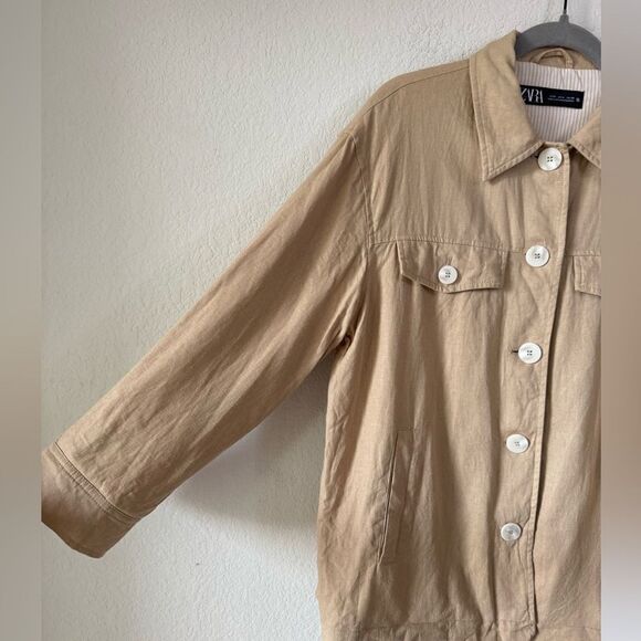 Zara Linen Blend Shacket Sz M Tan Button Up Lightweight Jacket Boho Minimalist - Picture 2 of 8